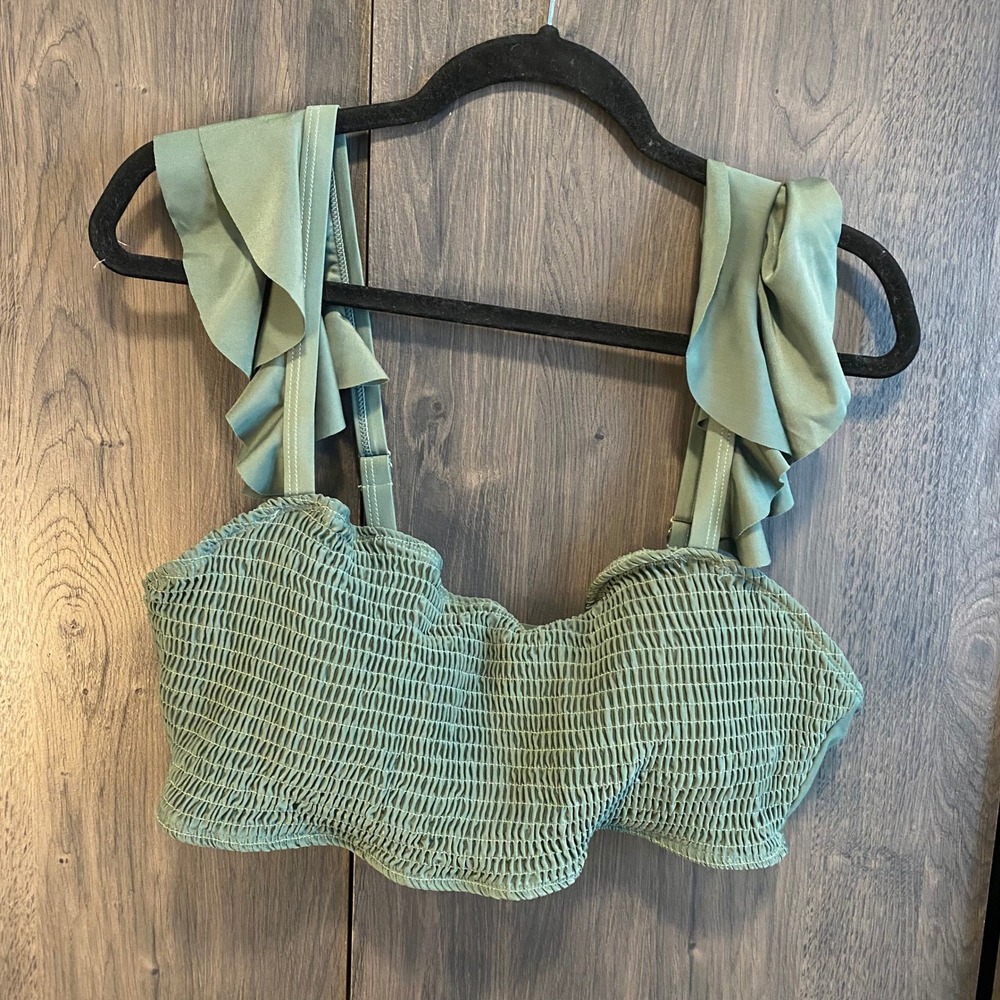Bikini Top Women 2XL Green Smocked Ruffle Strap Swimwear